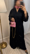 Abaya noire à plumes et crystal